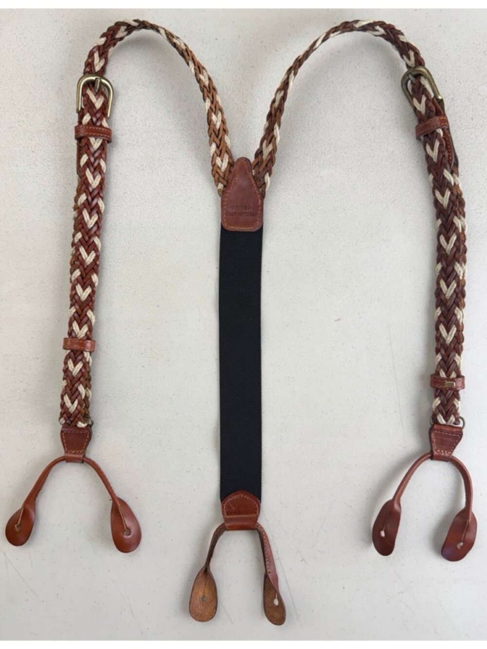 Vintage Braided Leather & Rope Suspenders Brown/Beige Adjustable 1970s One Size